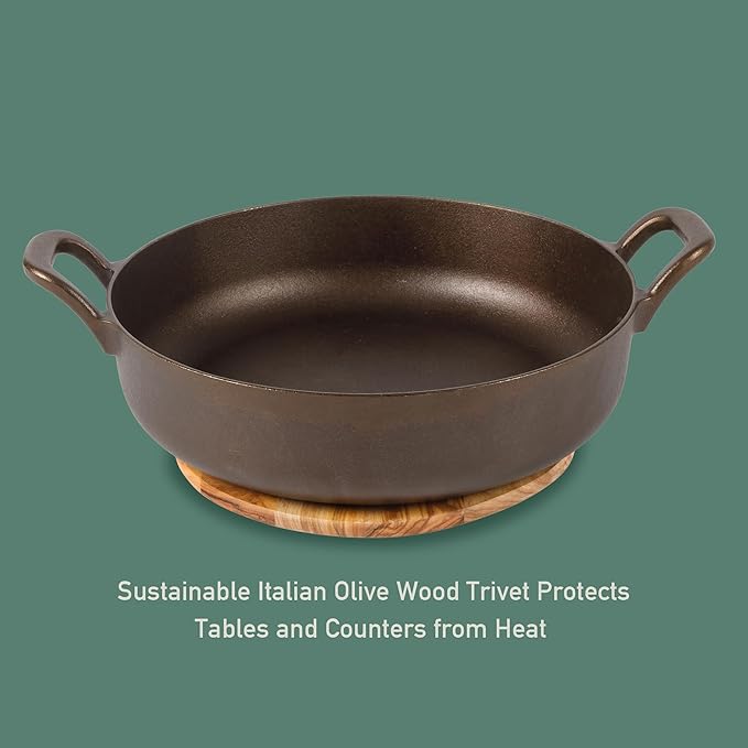 Bloomhouse Natural Bronze Finish 13-Inch Round Cast Iron Everyday Pan – Olive Oil Treated Cooking Surface with Dual Handles & Olive Wood Trivet, Oven, Stovetop & Campfire Safe