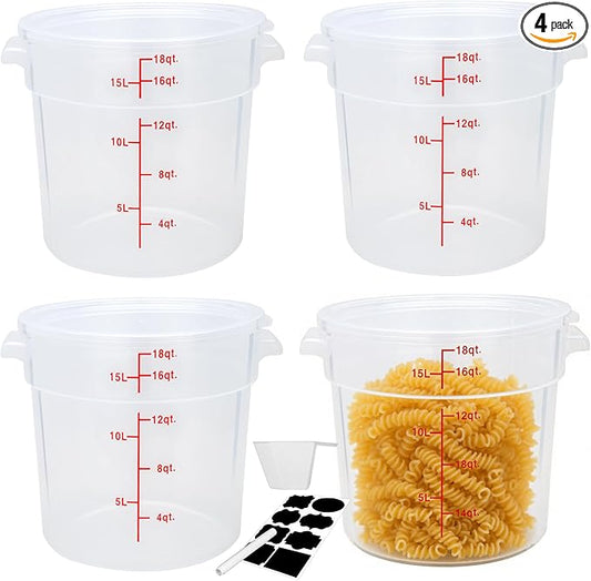 Round Food Storage Container with Lid，18 Qt Translucent， Commercial 4 Pack of – NSF Listed, BPA-Free, Polypropylene, Non-Stick， Scale, with Labels & Measuring Cups