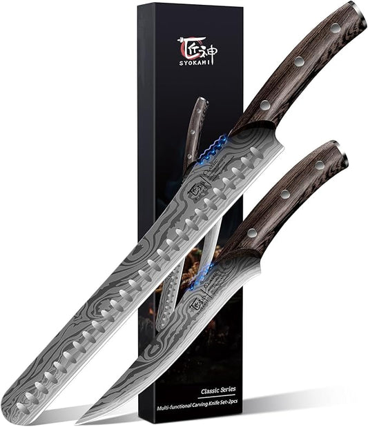 Brisket Slicing Knife Set, Carving and Boning Knife for Meat & Turkey Cutting, Japanese Style High Carbon Steel Kitchen Knives Set For Home & BBQ, Wood Ergonomic Full Tang Handle, Cooking Gift