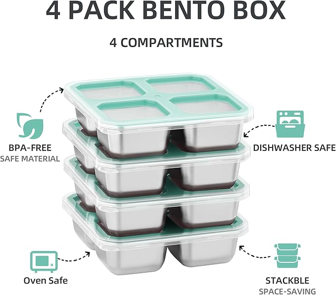 4 Pack Stainless Steel Snack Containers with Lids 4 Compartment Food Storage Containers for Adults Meal Prep Reusablele for work or going out. (BLUE, 4)