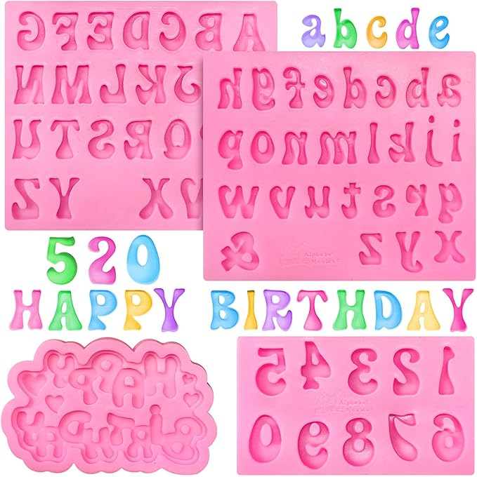 4 Pcs Silicone Letter Molds, Reusable Digital Letter Gummy Chocolate Silicone Mold for Making Candy, Cake, Birthday Party Decorations