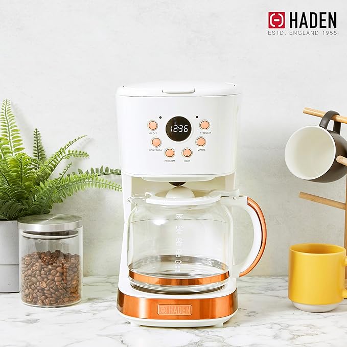 HADEN Coffee Machine, 12 Cup Drip Coffee Maker Bundled with Heritage 1.7 Liter Stainless Steel Electric Kettle, Ivory & Copper