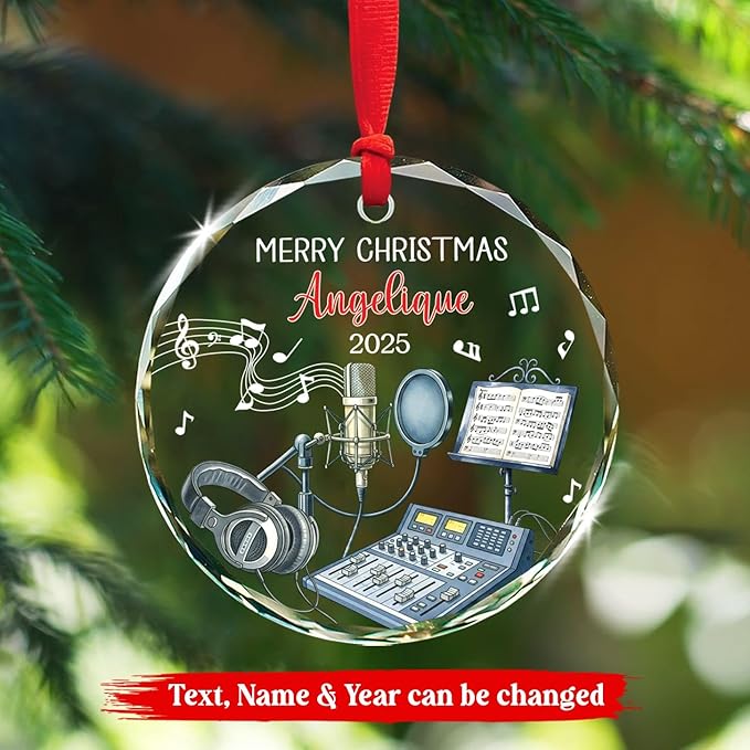 Recording Vocals Instrument Xmas Glass Ornament, Personalized Musical Instrument Christmas Ornament Gifts for Singer Vocalist, Custom Text & Name Singer Recording Vocals Glass Ornament Christmas 2025