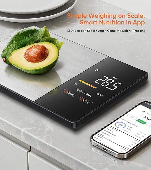 Smart Nutrition Food Scale with LED Display, Tracks Calories, Fat, Carbs & Protein via App, 0.01oz Precision Digital Kitchen Scale for Healthy Eating & Meal Prep