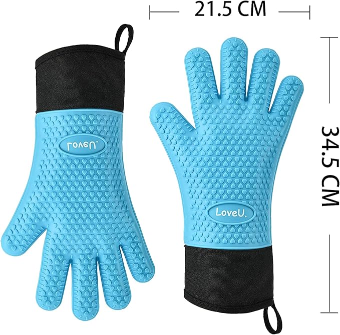 Kitchen Oven Gloves - Dual-Layer Heat Resistant Grilling Gloves, Silicone Oven Mitts with 5 Fingers, Waterproof Non-Slip Pot Holder for Barbecue, Cooking, Baking (Blue, Long)