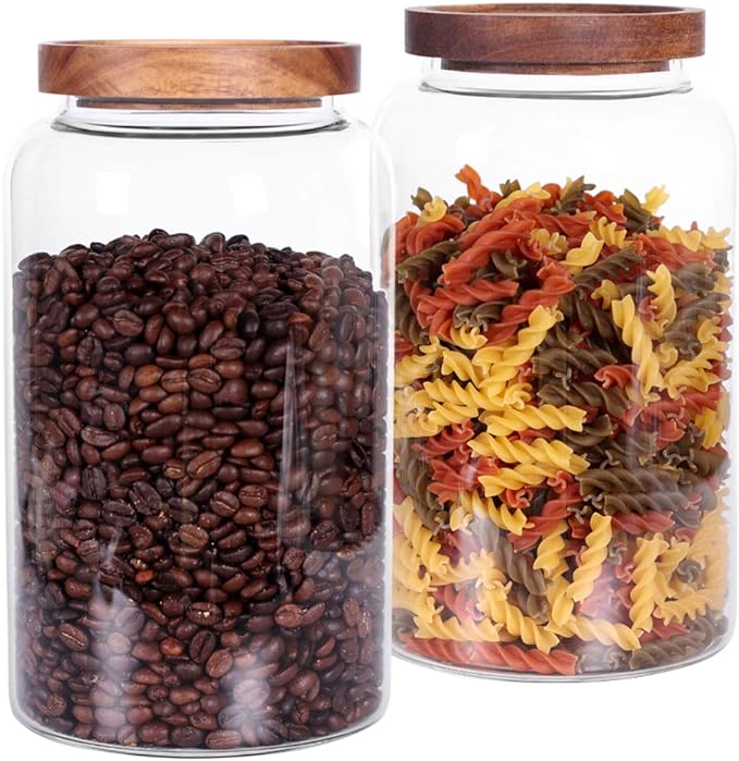 Large Glass Jar with Airtight Lid Set of 2 93 FL OZ(2750ml) glass canister set, Glass Food Containers Wooden Lid Suit for Kitchen Pantry for Flour, Tea, Coffee Beans, Sugar, Cookies(8.8 inch high)
