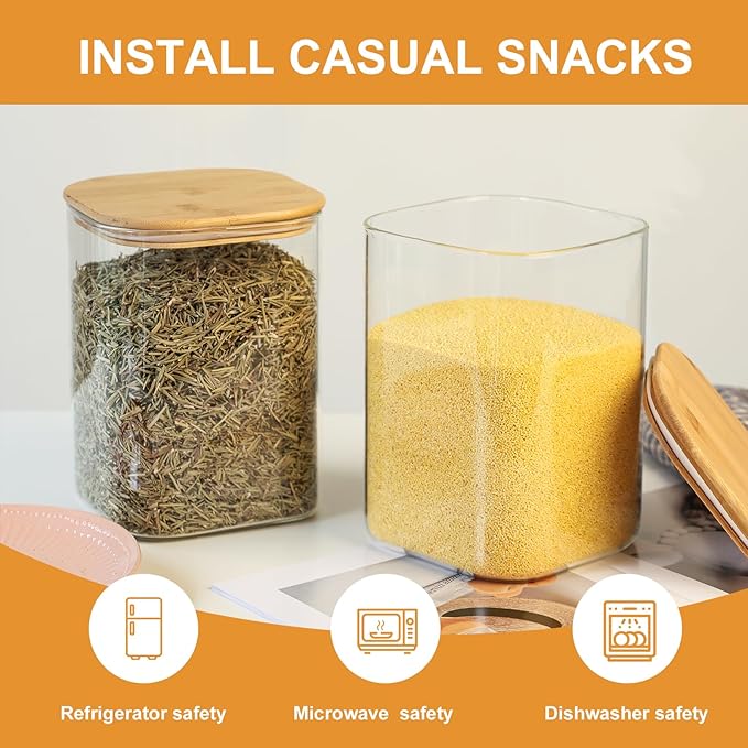 Liuruiyu Glass Food Storage Jars 150 Set of 2,Glass Storage Containers Clear Glass Food Canister with Bamboo Lid Airtight For Serving Tea, Coffee, Flour, Sugar, Candy, Cookie, Spice and More (Square)