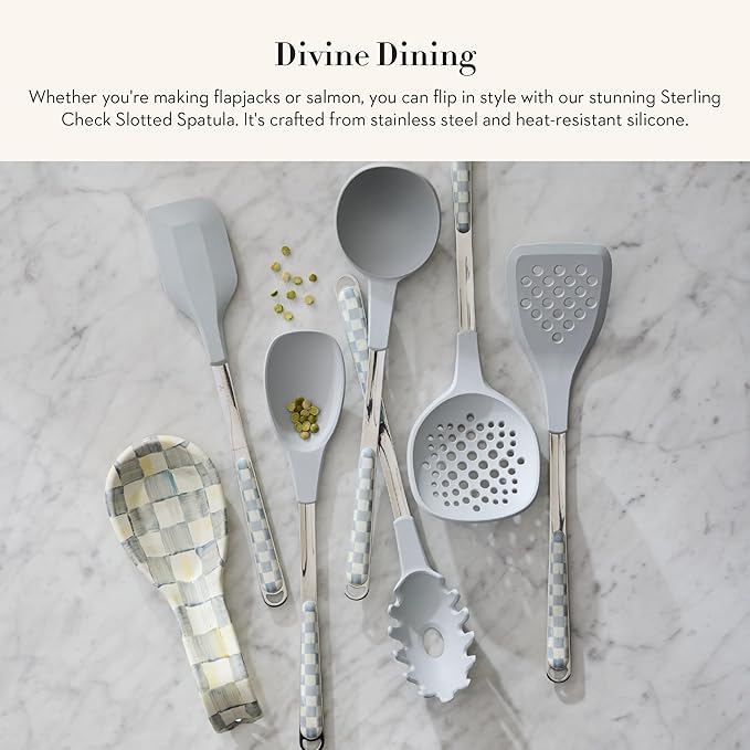 MACKENZIE-CHILDS Slotted Kitchen Spatula, Silicone Spatula for Cooking, Gray-and-White Sterling Check