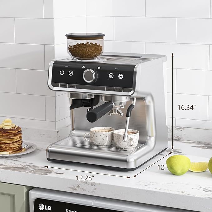 Garvee Super Automatic Espresso Machine with TFT Display, Auto Milk Frother & Grinder, 20 Bar, 6 Custom Drinks, Chrome-Silver with Gold Accents, Compact for Home Barista