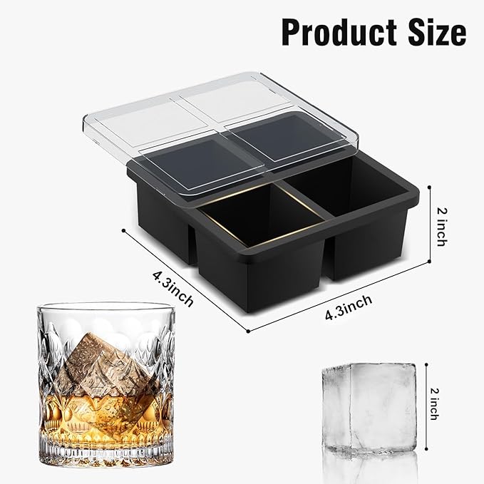 Samuelworld Large Ice Cube Tray: 2025 Upgraded 4 Grid Silicone Square Ice Cube Mold For Small Refrigerator, 2 Inch Large Cubed Ice Trays for Cocktail, Big Cube Ice Maker Mold (3 Pack, Black)
