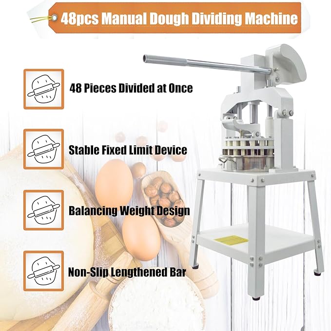 Commercial Dough Divider Manual 48PCS Dough Divider 0.78oz-3.70oz Heavy Duty Dough Cutter Machine with 22-105g Dough Weight Range for Baking, 48PCS