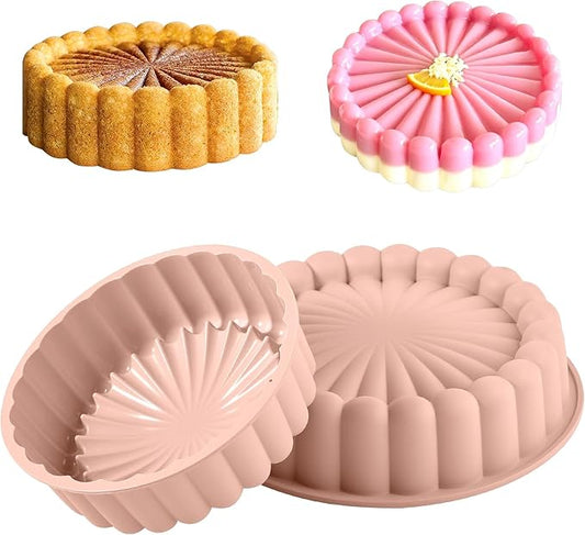 10 Inch Silicone Bundt Cake With 8 Inch Pan Set (2 Pack) - Nonstick Baking Mold for Pound Cake, Jello, Bread & Brownies, Dishwasher Safe, Pink