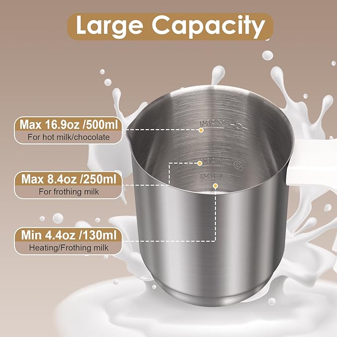 Milk Frother, 16.9 OZ Milk Frother and Steamer, 4 in 1 Electric Milk Frother Dishwasher Safe Durable Silent Frother for Coffee Hot and Cold Foam Maker (White Stainless)