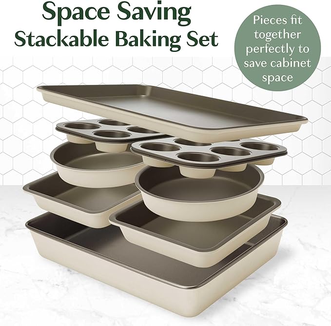 Goodful All-In-One Nonstick Bakeware Set, Stackable and Space Saving Design includes Round and Square Pans, Muffin Pans, Cookie Sheet and Roaster, Dishwasher Safe, 8-Piece, Linen