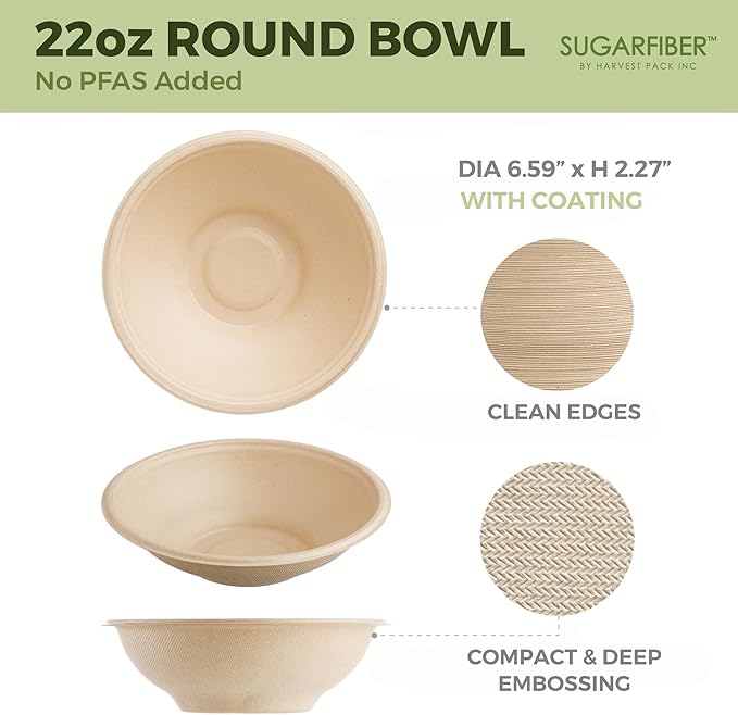[1000 Count]Sugarfiber by Harvest 22oz Round Bowls PFAS Free with PLA coating - Compostable Heavy-Duty Eco-Friendly Disposable Bagasse Bowl Sugarcane made plant fibers for Meal Prep