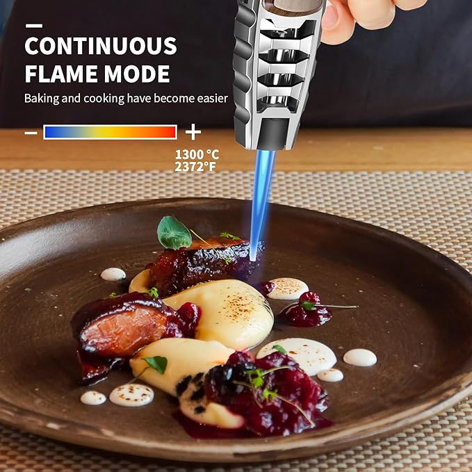 Butane Torch Lighter,Windproof Refillable Kitchen Cooking Torch,Adjustable Flame Solar Beam Blow Torch with Safety Lock for Candle Camping BBQ (Not Included Butane Gas) (Brown)