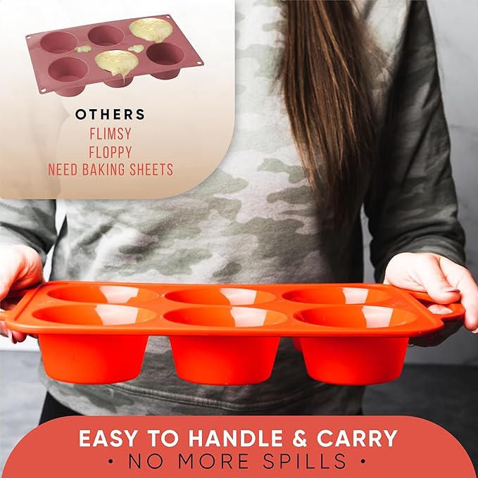 [2 PACK] Jumbo Muffin Pan, 3.5" Large Muffin Pan 6 Cup - Silicone Jumbo Muffin Tin for Baking BPA Free Non Stick - RED
