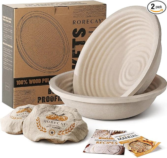 Wood Pulp Banneton Bread Proofing Baskets Set of 2, 9 Inch Round 2.2LB Sourdough Banneton Basket with Liner, Non-Stick Dough Proofing Bowl for Rising and Baking