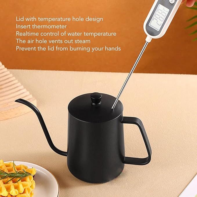 Pour Over Coffee Kettle, Stainless Steel Gooseneck Spout Pour Over Coffee Kettle Long Narrow Drip Spout Coffee Tea Pots for Pour Over Coffee, Home Brewing, Camping (20oz, Black with Lid)