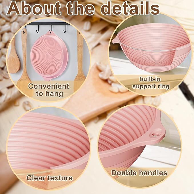 2 Pcs Upgraded Silicone Sourdough Bread Proofing Basket with Handles - Reinforced Rim Support, 9 Inch Round Foldable Bowls for Sourdough Bread Baking, Oven & Dishwasher Safe-BPA Free (Green+Pink)