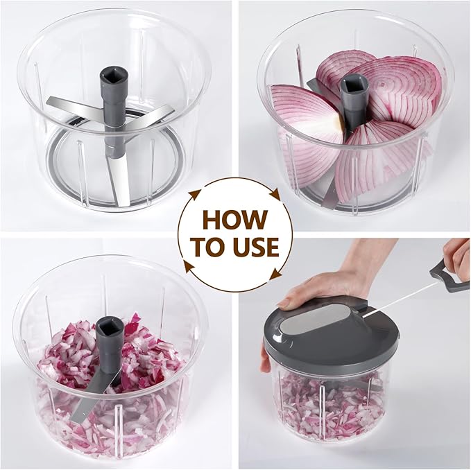 LHS Manual Food Processor Large Vegetable Chopper, 1000ML Pull String Chopper Garlic Mincer Onion Cutter for Veggies,Salad,Fruits, Nuts, BPA Free, GREY