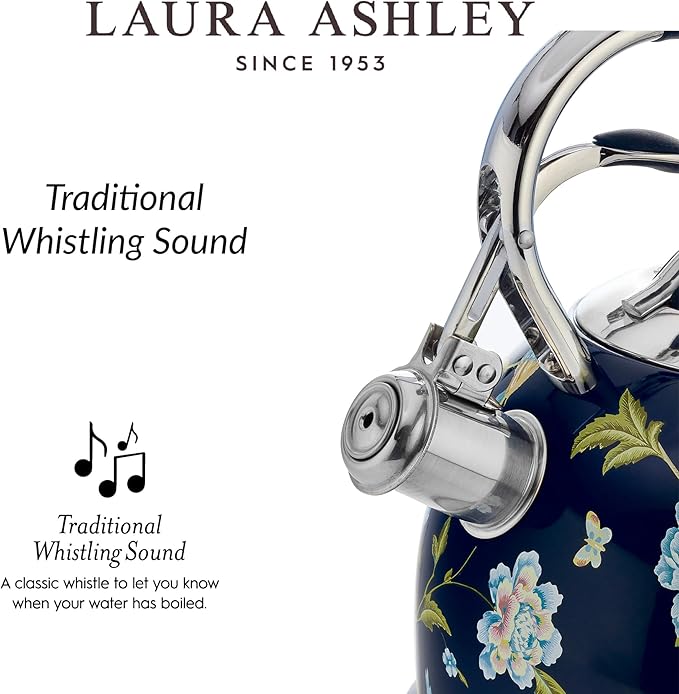 VQ Laura Ashley Elveden Navy 2.5L Stainless Steel Tea Kettle Stovetop Whistling Teapot for Induction, Gas Hob or others. Silicon Coated Cool Handle & Push Button Mechanism Vintage Stove Top Kettle