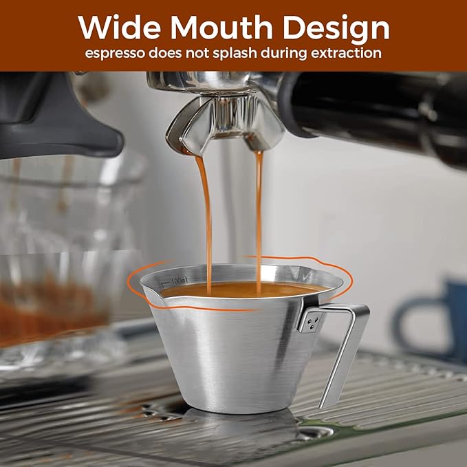 2 Pcs Stainless Steel Espresso Cups with Handle, Double Spout Metal Measuring Cup with Dual Scale, Espresso Shot Cup with V-Shaped Mouth, 3.4oz/100ml (Black)