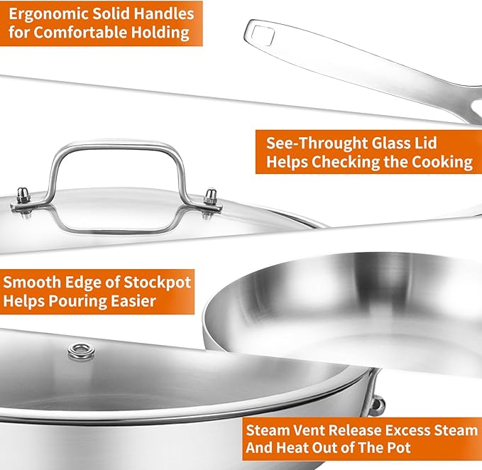 DELARLO Tri-ply Stainless Steel Frying Pan Set with Lid 8" 12" large Skillets Induction Chef's Pan,Pots and Pans Set Kitchen Cookware Set Dishwasher and Oven Safe