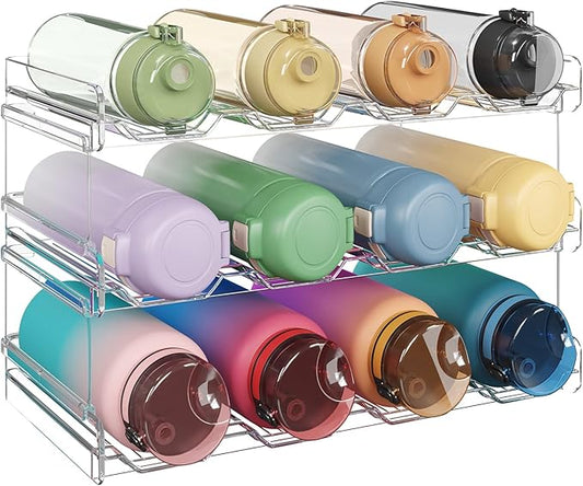 Lifewit Stackable Water Bottle Organizer for Cabinet, Plastic Bottle Holder Fits Bottles & Tumblers up to 3.8" Diameter, Pantry, Countertop & Fridge, 3 Tier Holds 12 Bottles