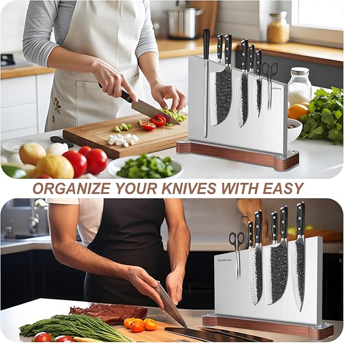 Magnetic Knife Block Without Knives Large Double Side Magnetic Knife Holder Stand with Strong Magnet, Stainless Steel Knife Storage Organizer for Kitchen Counter Knife Rack Three Magnet Strip