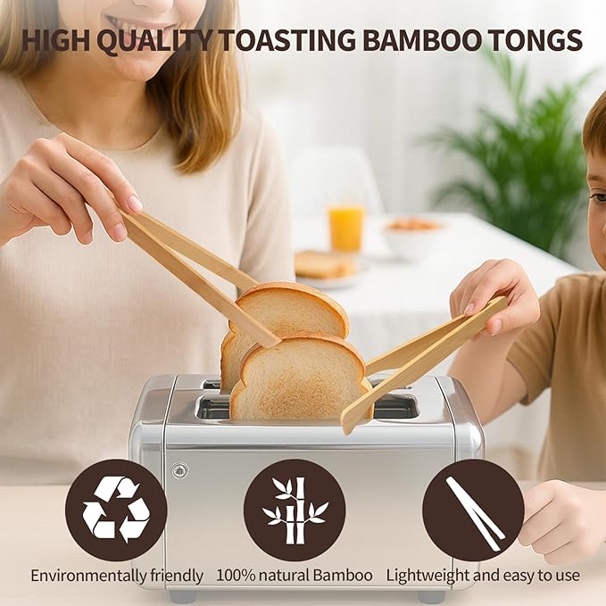 4 Pieces Natural Bamboo Toaster Tongs,Two Bamboo Toast Tongs of different lengths（9.8-Inch & 7.8-Inch),Long Tongs with Anti-slip Design,Heat-Resistant for Cooking and Serving