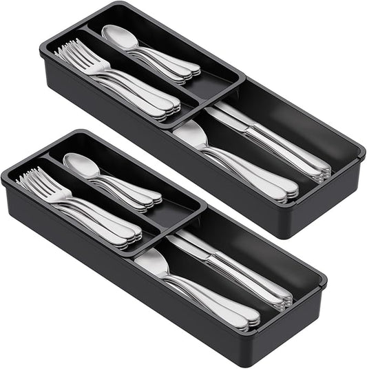 Lifewit Compact Silverware Organizer for Kitchen Drawer, Narrow Flatware Tray Holder, Plastic Cutlery Spoons, Forks and Knives Storage, Black, 2 Pack
