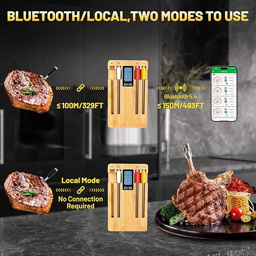 Wireless Smart Meat Thermometer with 4 Probes, Ultra-Long Range Bluetooth 5.4, App Control with iOS & Android, IP67 Waterproof, 10 Preset Menus & Color-Coded Probes for Oven, Grill, BBQ, A8