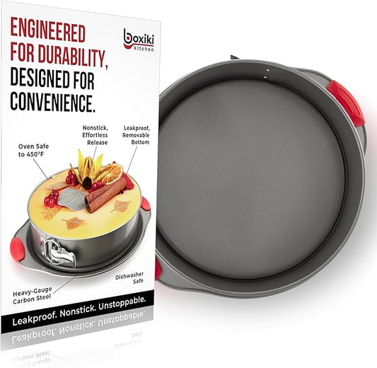 Boxiki Kitchen 10 Inch Nonstick Springform Pan, Professional Spring Form and Cheesecake Baking Mold, Leakproof Cake Pan with Silicone Handles