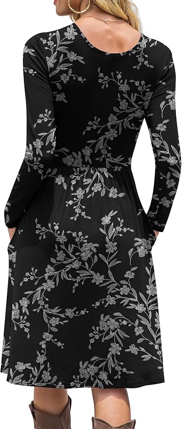 DB MOON Women Casual Long Sleeve Dresses Empire Waist Knee Length Loose Dress with Pockets