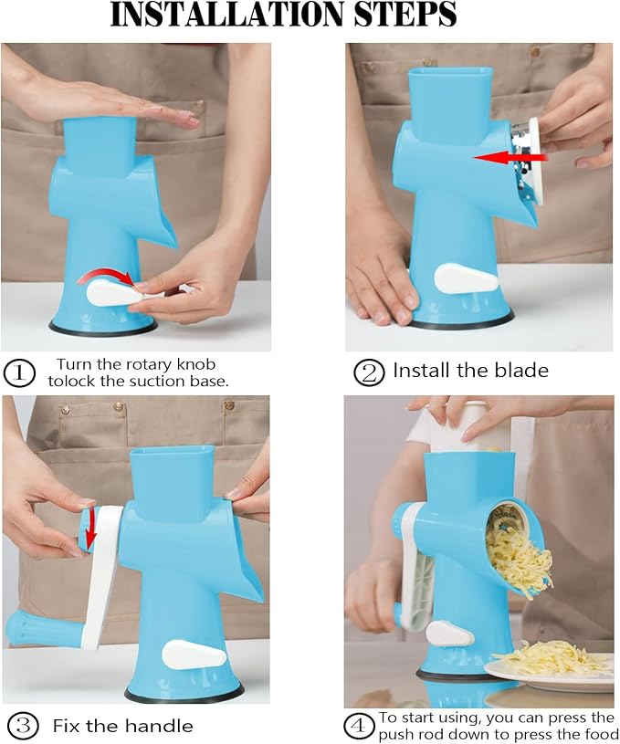 Cheese Grater MultiFunction Rotary Cheese Grater Hand Crank – Cheese Shredder Effortlessly Shred,Slice,Chop.Applicable to Cheese, Vegetables,Fruits,Nuts,Non-Slip Suction Base,Easy to Clean (blue)