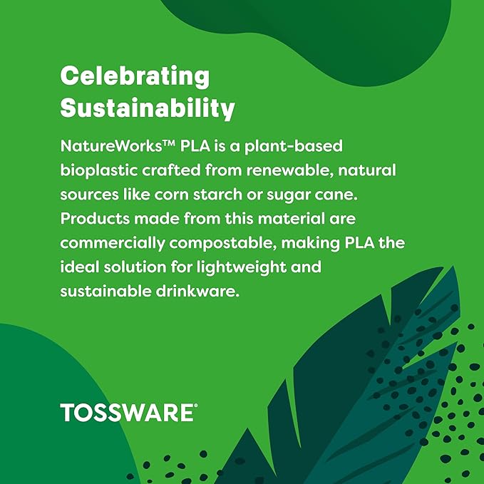 TOSSWARE NATURAL Arc - Plant Based Clear Cold Cups 16 oz - Plastic Alternative for Parties, Bachelorettes, Weddings - Recyclable - Set of 50