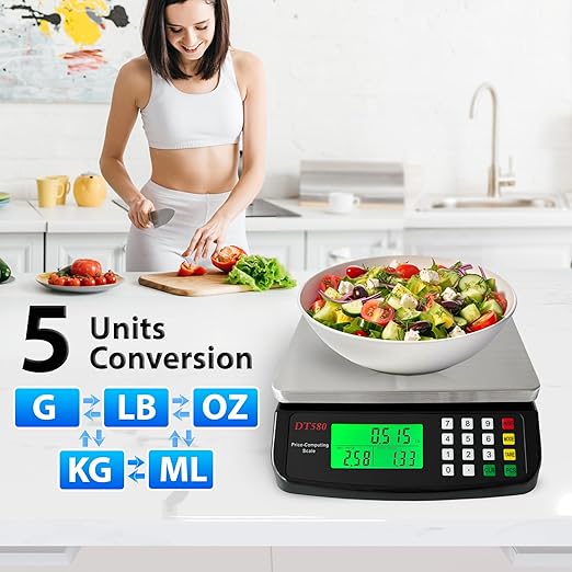Large Digital Kitchen Scale 40kg/88lb Stainless Steel Price Computing Scale Counting Scale Deli Scale with LCD Display for Baking Bread Cooking Meat Prep Parts and Coins Adapter Included (Black)