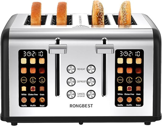 4 Slice Touch Screen Toaster, Stainless Steel Toaster with Wide Slots for Bagels and Bread, Reheat/Defrost/Cancel Functions, Removable Crumb Tray, Matt Black
