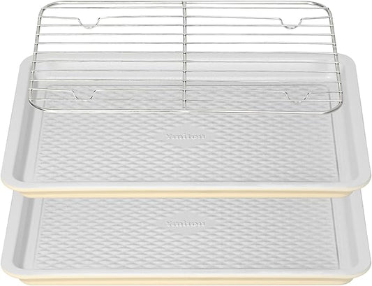 Nonstick Ceramic Baking Sheet with Rack, 2-Pack 13x9 Quarter Sheet Pan, Non-Toxic, PTFE & PFOA Free, Warp-Free, Oven Safe 550°F, Dishwasher Safe, Aluminized Steel, Gray Yellow