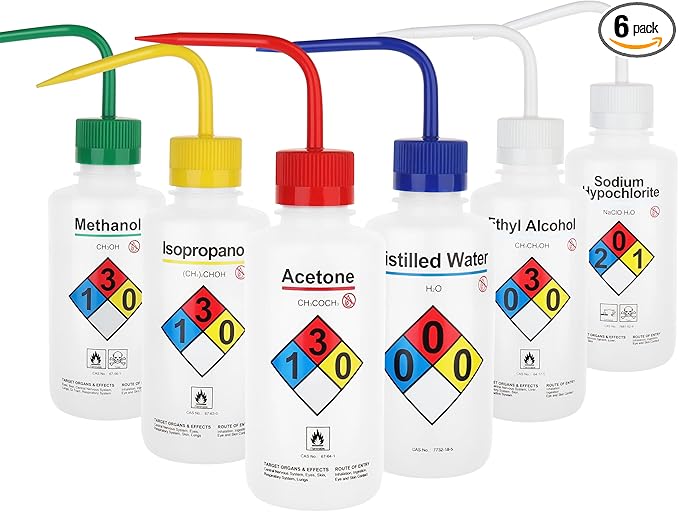 Safety Wash Bottles, Vol.500ml, 6PCS of Lab Rinse Squeeze Bottles, Printed Acetone, Ethyl Alcohol, Methanol, Isopropanol, Distilled Water, Sodium Hypochloride, LDPE Material, IN-WBS001