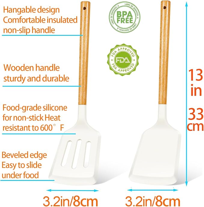 2Pcs Silicone Spatula Set Turner Heat Resistant for Nonstick Cookware Rubber Wok Spatula Turner with Wood Handle, Plastic Spatula Silicone for Cooking Use Kitchen Utensils Set White