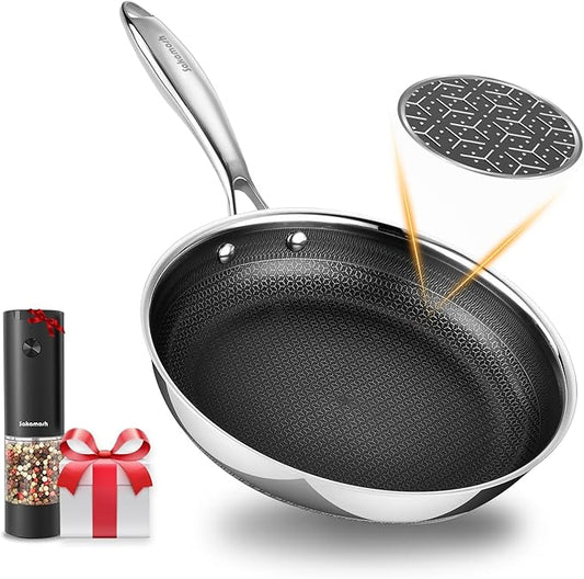 9.5" Nonstick Frying Pan, Ceramic-Coated Stainless Steel Skillet - PFOA/PTFE Free, High Heat & Induction, Dishwasher & Oven Safe + FREE Electric Pepper Grinder