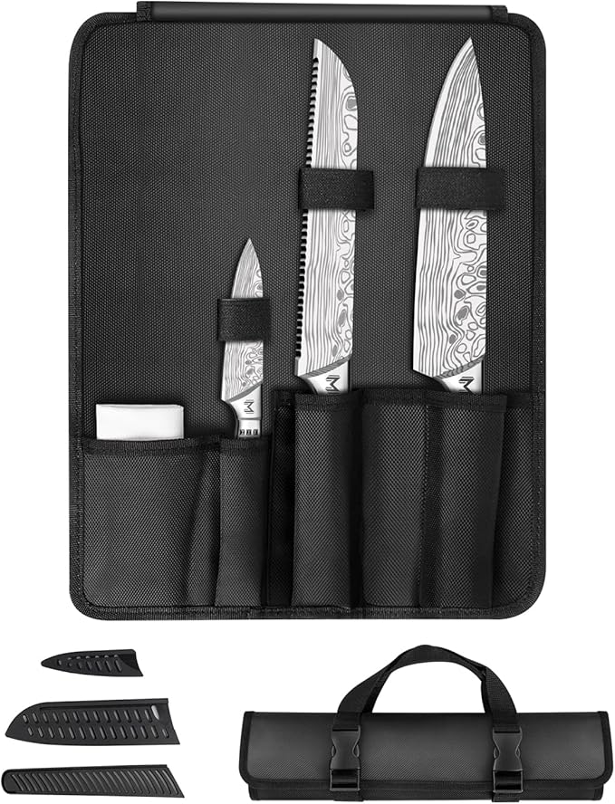 4PCS Kitchen Knife Set,High-Carbon Stainless Steel Chef Knife Set, Portable Knife Roll Bag, Portable Knives for Outdoor Camping and Travel
