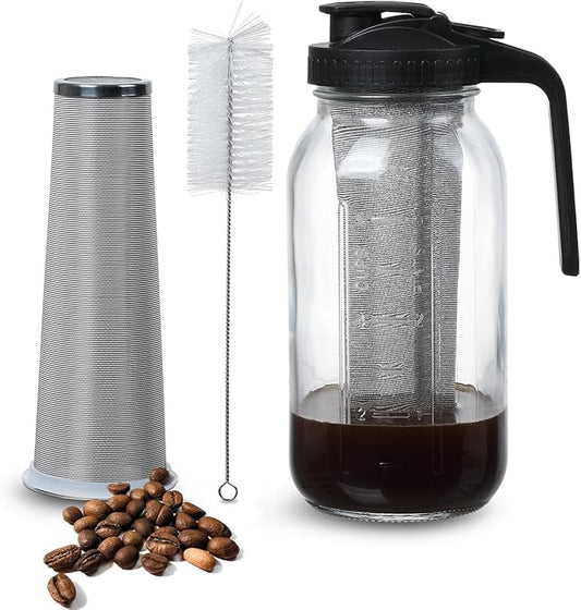 Cold Brew Coffee Maker Pitcher 64-ounce Glass Wide Mouth Mason Jar with Stainless Steel Filter and Pour Spout Handle Lid (Black, 64Ounce)