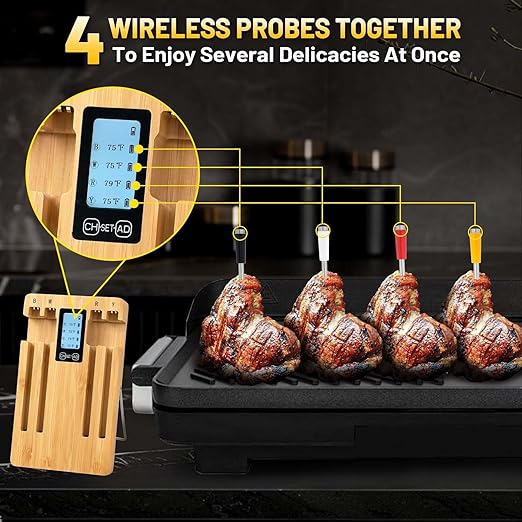 Wireless Smart Meat Thermometer with 4 Probes, Ultra-Long Range Bluetooth 5.4, App Control with iOS & Android, IP67 Waterproof, 10 Preset Menus & Color-Coded Probes for Oven, Grill, BBQ, A8