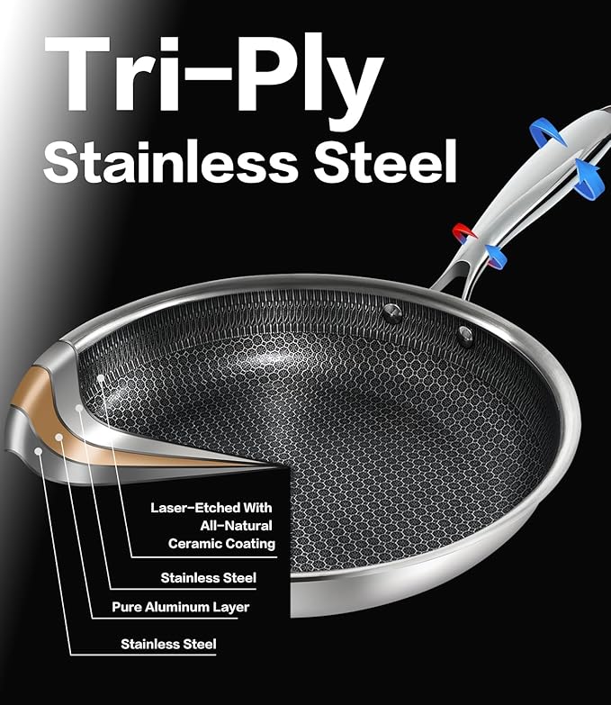 Non Stick Frying Pans with Lids, 12 Inch Fry Pan, Hybrid Large Frying Pan with Lid, Nonstick Skillet Stainless Steel, Dishwasher & Oven-Safe, Induction Compatible Cooking Pan