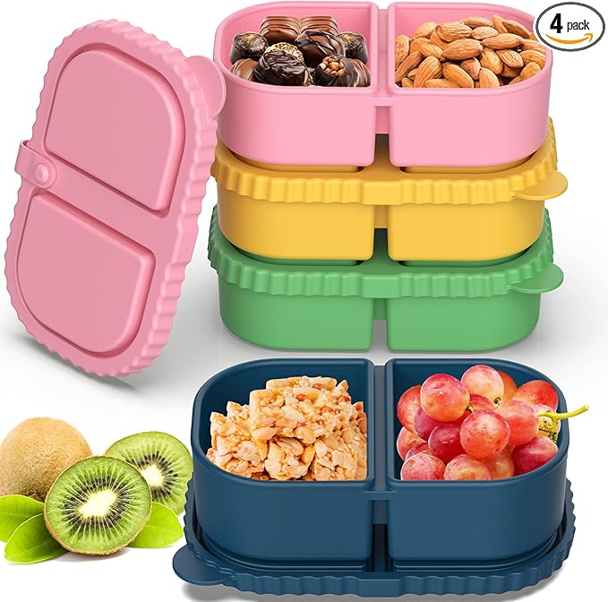 4 Pack Silicone Snack Containers with Lids, Double Compartment Snack Containers for Sauce, Reusable Silicone Food Storage Box for School Lunch Office Travel