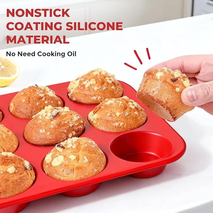 Silicone Muffin Pan for Baking: 24 Cup Muffin Pan with Metal Reinforced Frame, Regular Size Cupcake Egg Bites Molds for Baking, BPA Free Silicone Muffin Tray, Dishwasher Safe (2 Pack, Red)