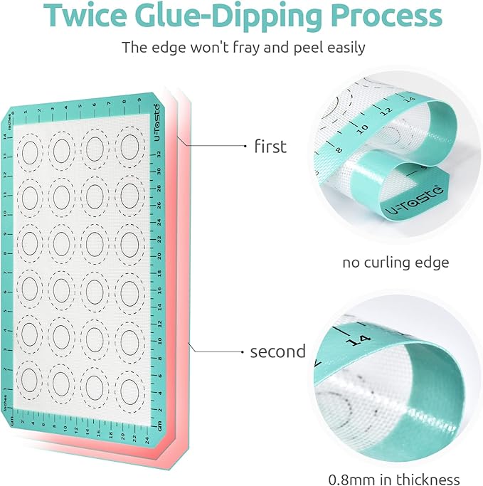 U-Taste 446ºF Heat Resistant Macaron Silicone Baking Mat, Non Stick Reusable Cookies Pastry Sheet Liner with Edge Enhancement Circle Measurement (Half/Jelly Roll/Quarter Sheets Size, Aqua Sky)